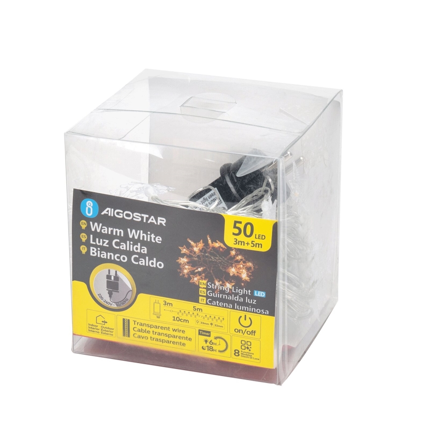 Aigostar - LED utomhusslinga för jul, 50 LED, 8 funktioner, 8 m, IP44, varmvit
