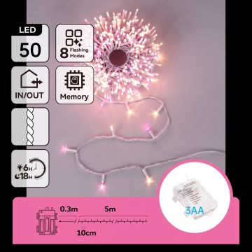 Aigostar - LED utomhusslinga för jul 50xLED/8 funktioner 3xAA 5,3m IP44 rosa/varmvit