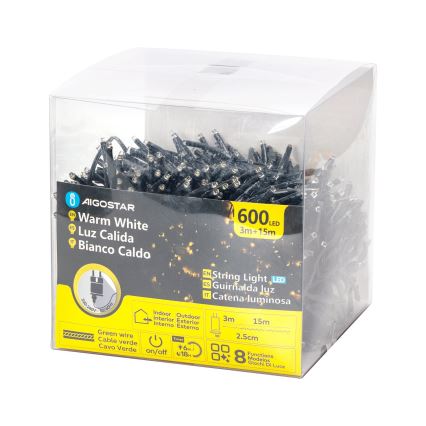 Aigostar - LED utomhusslinga för jul 600 LED/8 funktioner 18 m IP44 varmvit