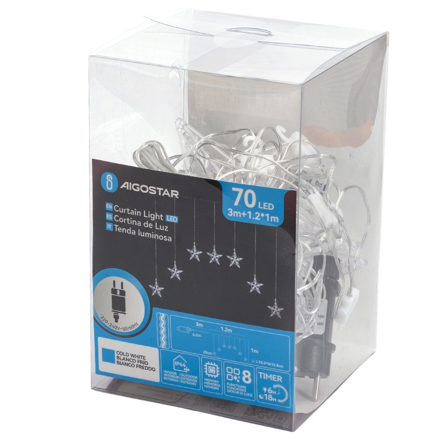 Aigostar - LED utomhus julslinga, 70 LED, 1,2 x 1 m, IP44, kallvit, stjärnor