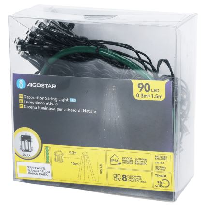 Aigostar - LED utomhusslinga för jul 90xLED/8 funktioner 3xAA 1,5m IP44 varmvit