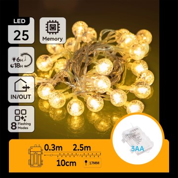Aigostar - LED utomhusslinga för julbelysning 25xLED/3xAA/8 funktioner 2,8 m IP44 varmvit