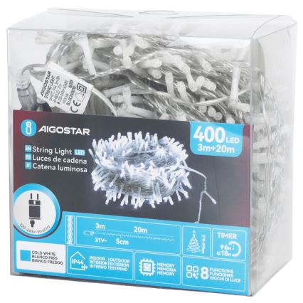 Aigostar - LED utomhusslinga för julbelysning 400xLED/8 funktioner 23m IP44 kallvit