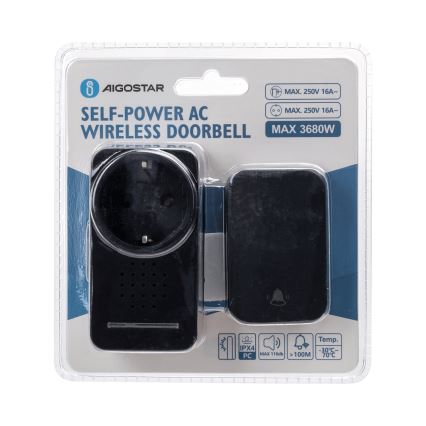 Aigostar - Plugin trådlös dörrklocka 1Z 230V IPX4 svart