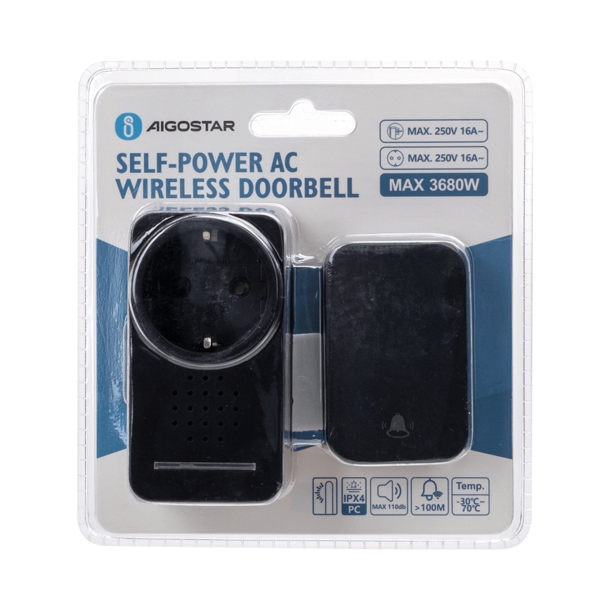 Aigostar - Plugin trådlös dörrklocka 1Z 230V IPX4 svart
