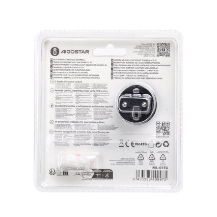 Aigostar - Plugin trådlös dörrklocka 1Z 230V IPX4 svart
