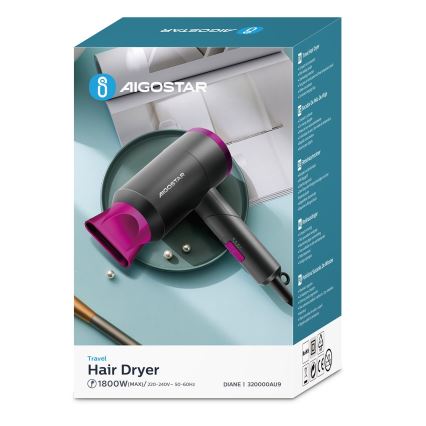 Aigostar - Resehårfön 1800W/230V lila/svart