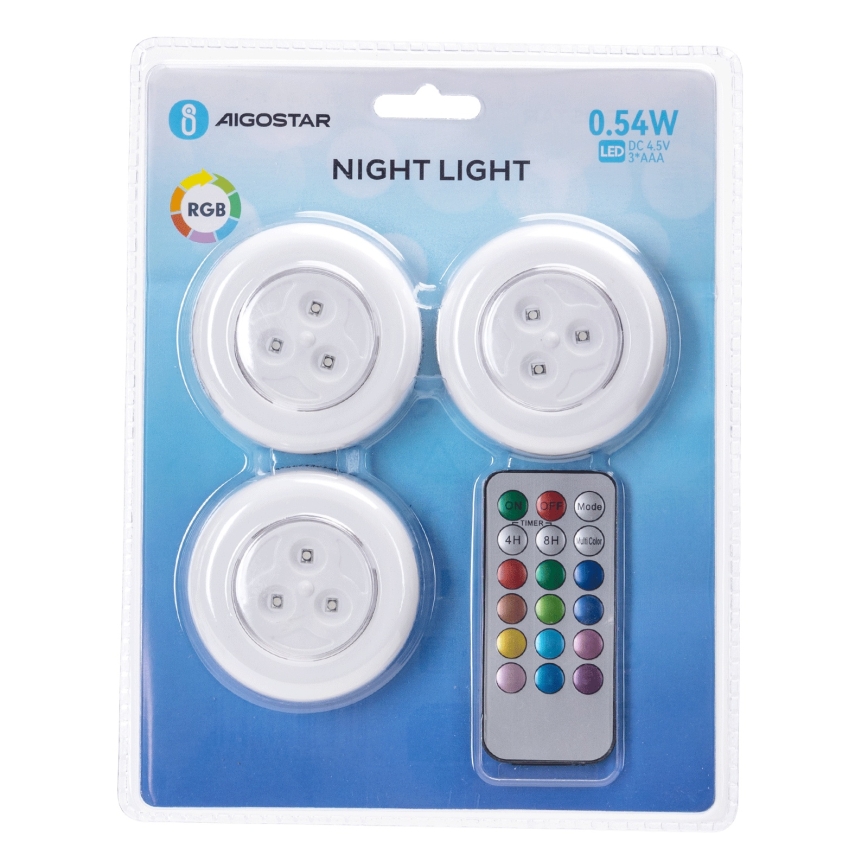 Aigostar - Set med 3 RGB-LED bärbara nattlampor, LED/3xAAA + fjärrkontroll