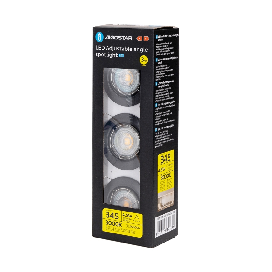 Aigostar - Set med 3 LED-infällda downlights, 1x GU10/4,5W/230V, 3000K, svart