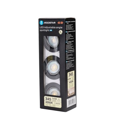 Aigostar - Set med 3 LED-infällda takarmaturer, 1xGU10/4,5W/230V, 4000K, svart