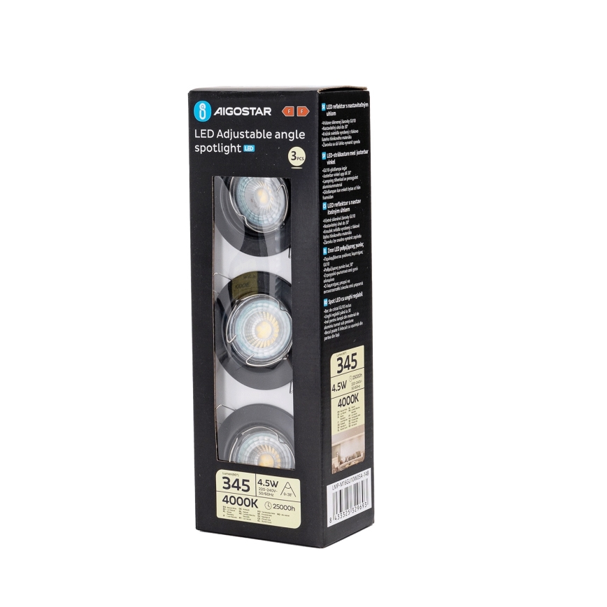 Aigostar - Set med 3 LED-infällda takarmaturer, 1xGU10/4,5W/230V, 4000K, svart