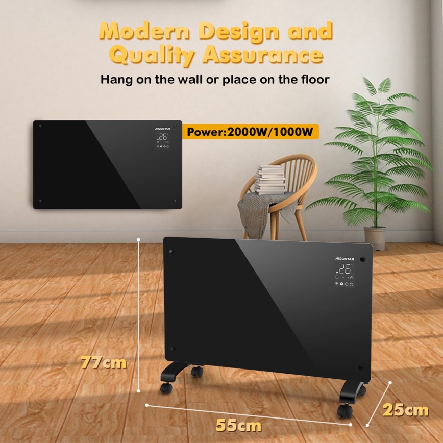 Aigostar - Smart elektrisk konvektor/direktvärmare med LCD-display ECO/1000/2000 W Wi‑Fi