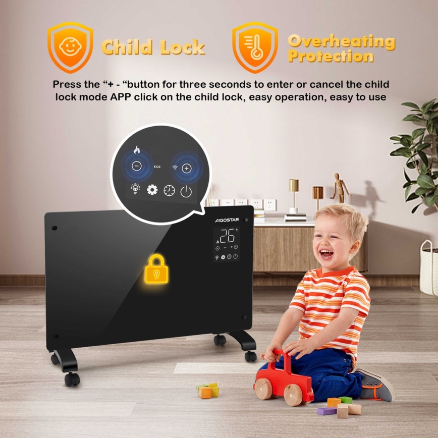 Aigostar - Smart elektrisk konvektor/direktvärmare med LCD-display ECO/1000/2000 W Wi‑Fi