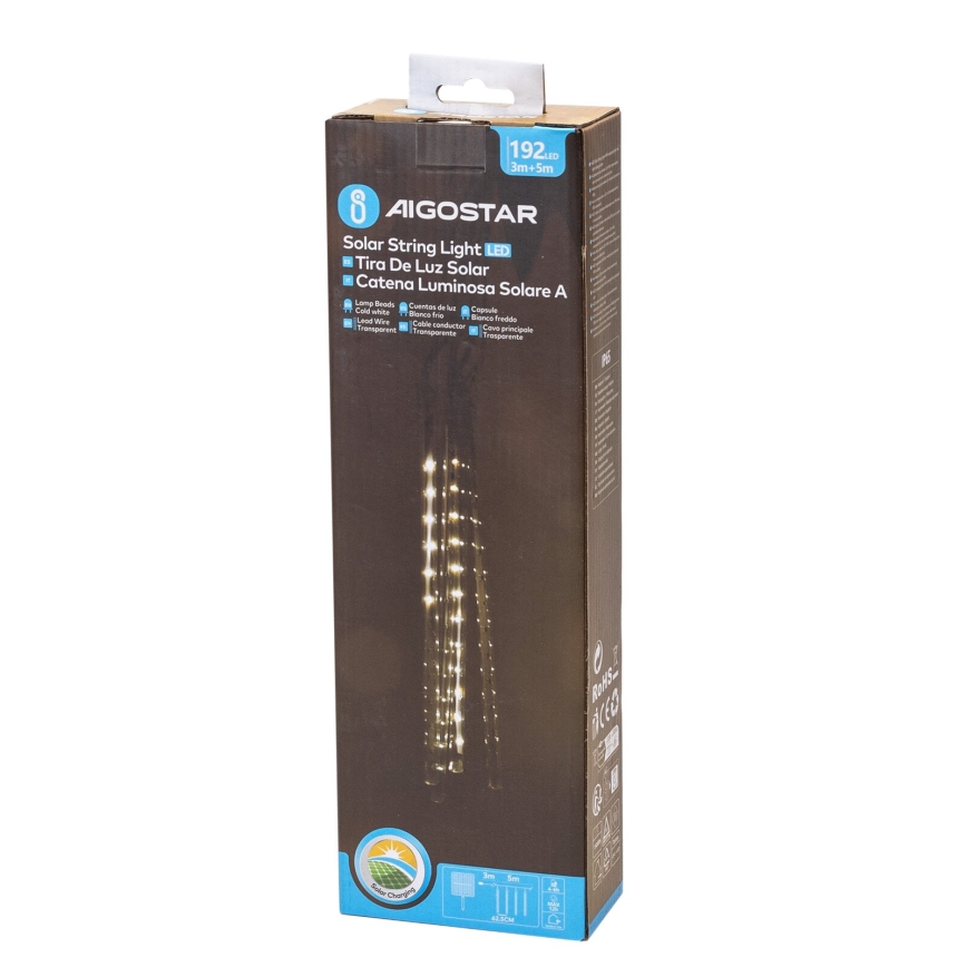 Aigostar - LED solcellsdriven ljusslinga 192 LED/8 m IP65 1200 mAh kallvit