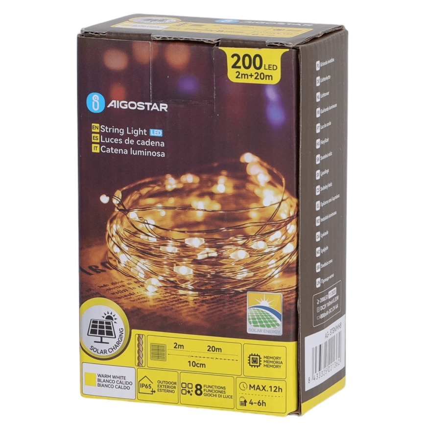 Aigostar - LED solcellsslinga med 200 LED, 8 ljuslägen, 22 m, IP65, varmvit, 800 mAh