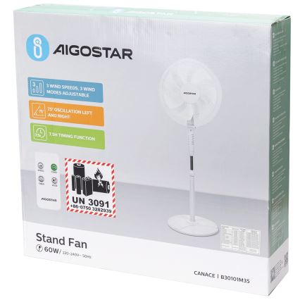 Aigostar - Stativfläkt 60W/230V Ø 42 cm vit + fjärrkontroll