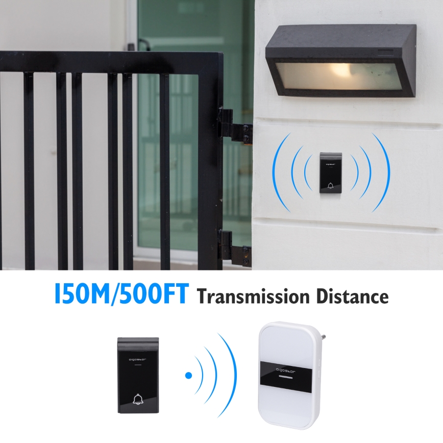 Aigostar - Trådlös dörrklocka för vägguttag 230V/12V IP44 vit/svart