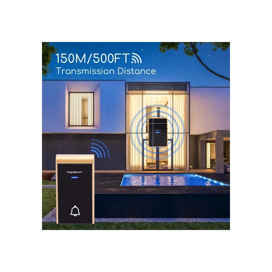 Aigostar - Trådlös dörrklocka 3xAA/12V IP44 svart/koppar