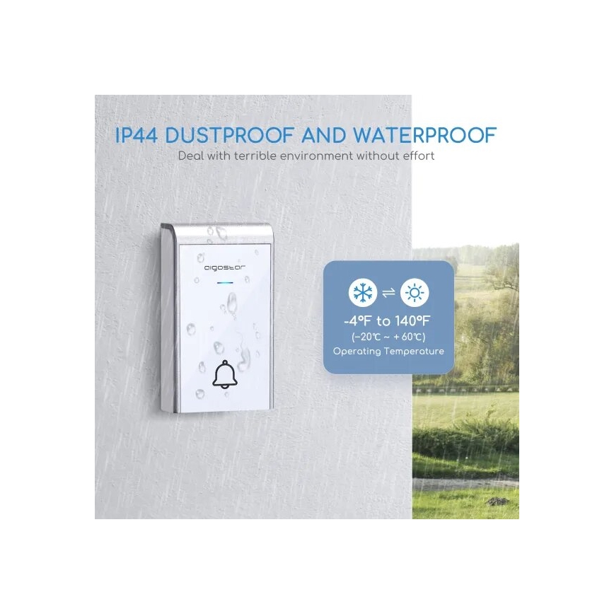 Aigostar - Trådlös dörrklocka 3xAA/12V IP44 vit/silver