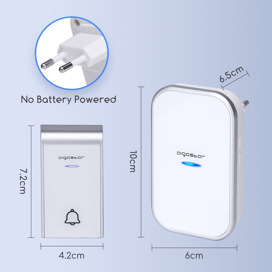Aigostar - Trådlös dörrklocka för eluttag 230V/12V, IP44, vit