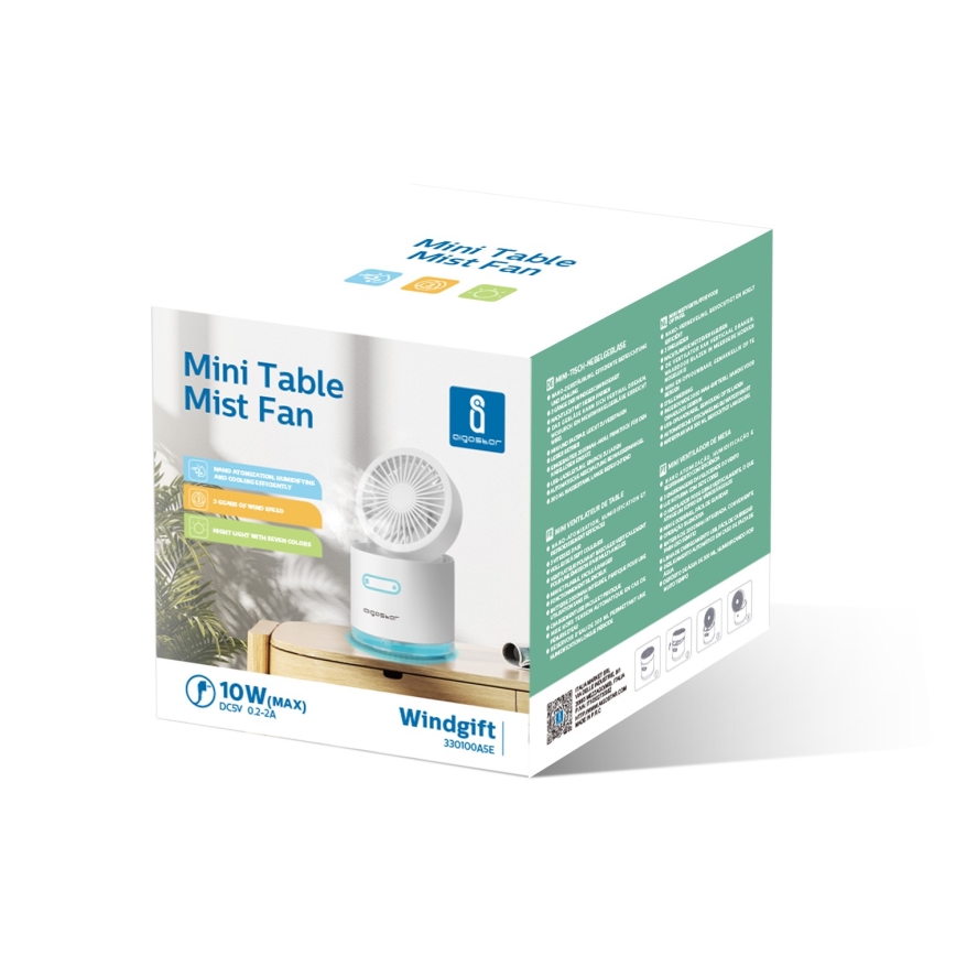 Aigostar - RGB Trådlös mini bordfläkt med luftfuktare 10W/5V vit