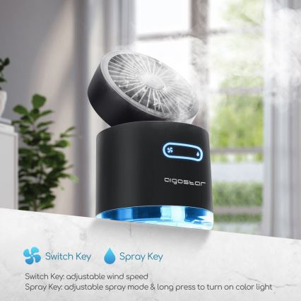 Aigostar - RGB Trådlös mini bordfläkt med dimmseffekt MIST 10W/5V 2000mAh svart