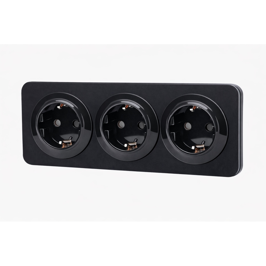Aigostar - Vägguttag med ram, 3 uttag, SCHUKO 250V/16A svart