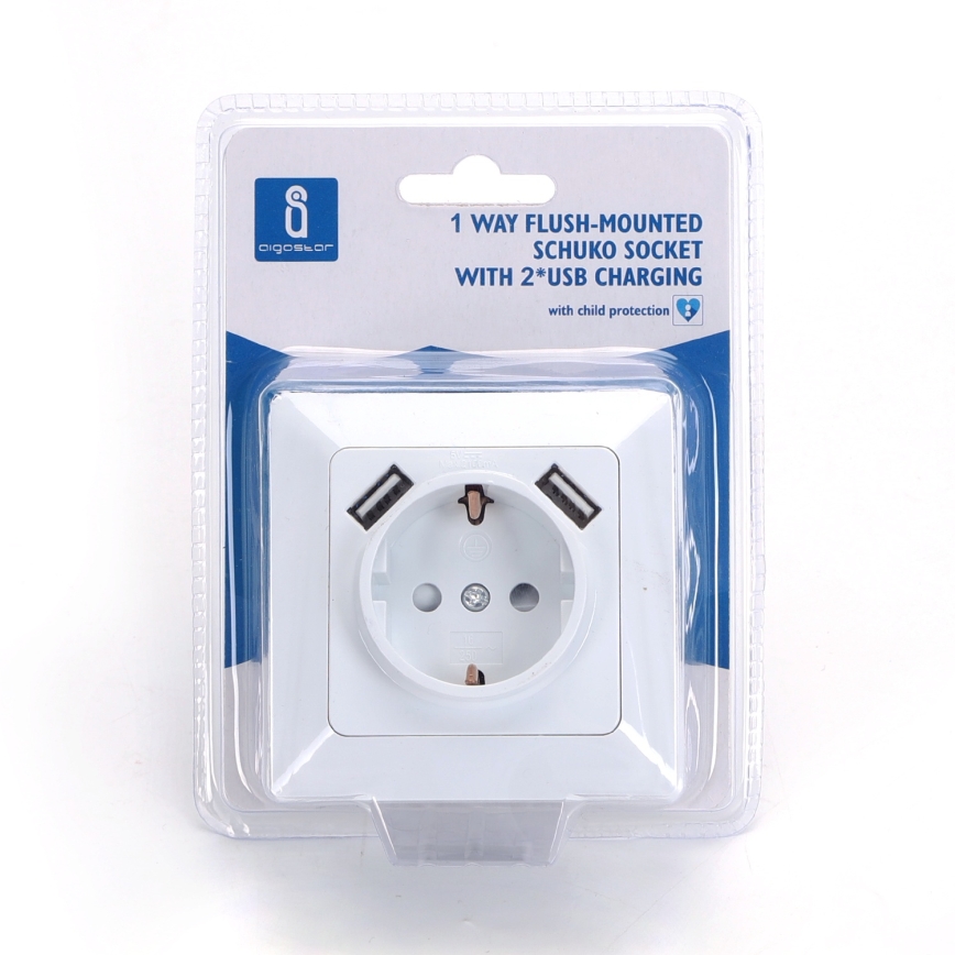 Aigostar - Vägguttag SCHUKO 250V + 2 USB-portar med ram, vit