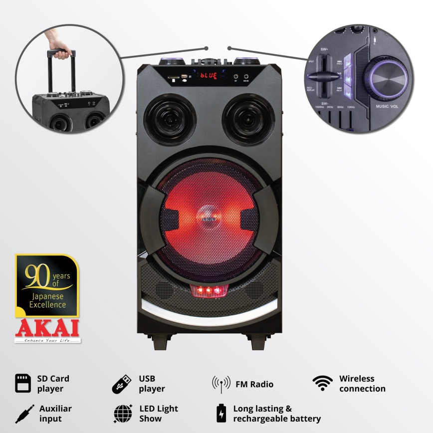 AKAI ABTS-112 - Trådlös högtalare 300W/230V 7000 mAh + fjärrkontroll