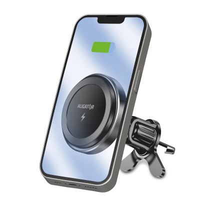 Aligator AMS05BK - Magnetisk bilhållare för mobil med 15 W Qi trådlös laddning och MagSafe, svart
