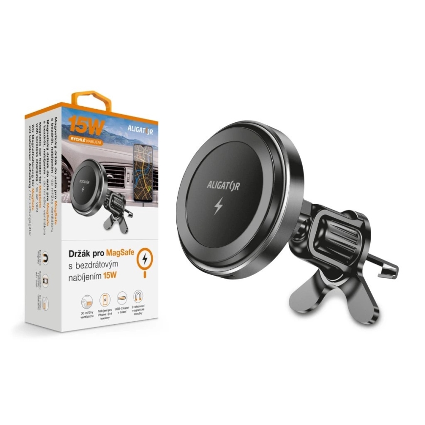 Aligator AMS05BK - Magnetisk bilhållare för mobil med 15 W Qi trådlös laddning och MagSafe, svart