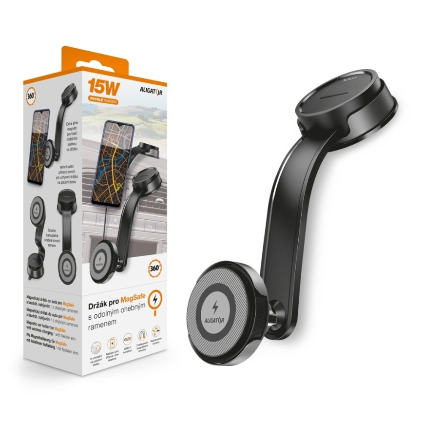 Aligator AMS07BK - Mobilhållare till bilen med flexibel MagSafe-arm, svart