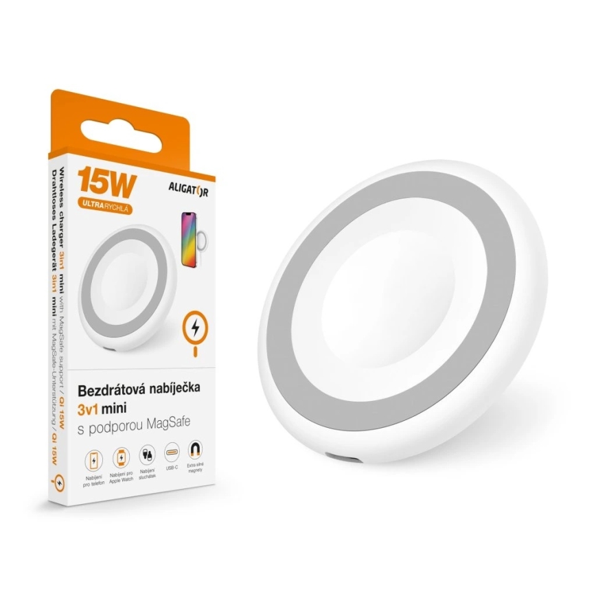 Aligator AMS08WT - Trådlös MagSafe-laddare 3-i-1, 15 W, vit