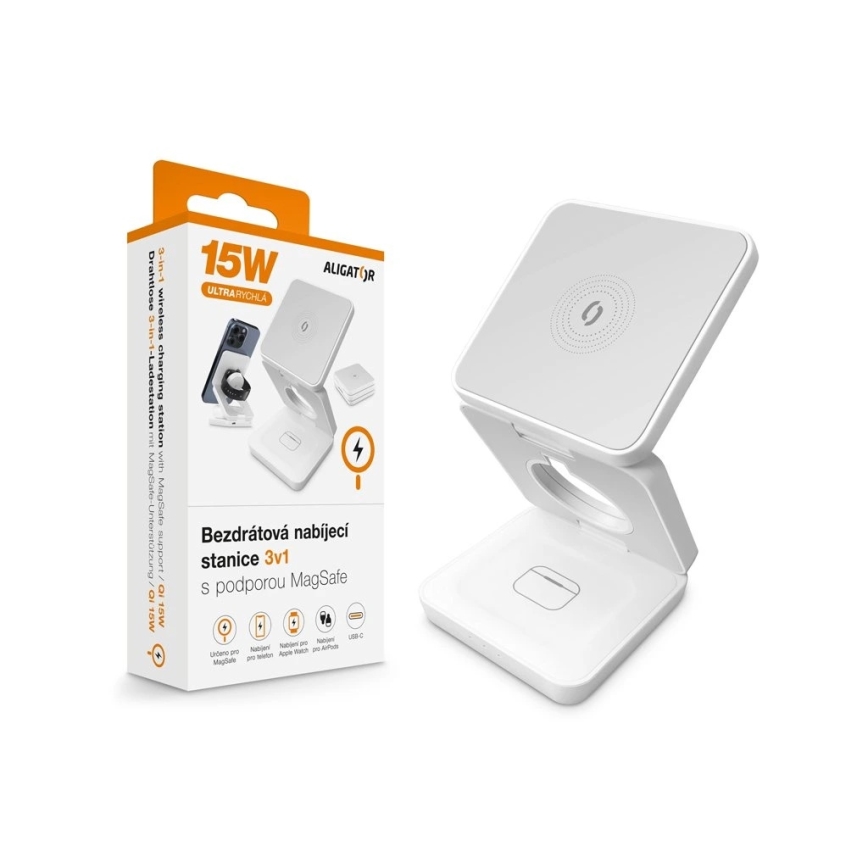 Aligator AMS09WT - Trådlös MagSafe 3-i-1 laddningsstation 15 W vit