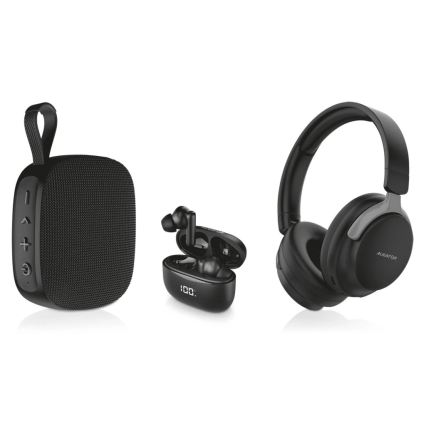 Aligator AUC001 - AUDIO COMBO 3 i 1: over-ear-hörlurar 150 mAh, trådlösa hörlurar 200 mAh + 2×30 mAh och högtalare 1200 mAh