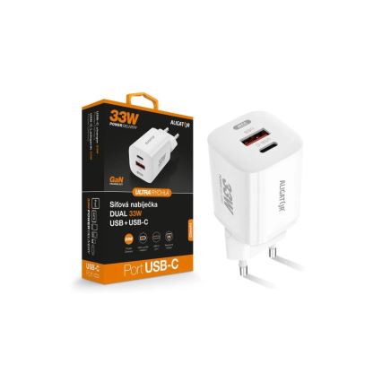 Aligator CHPD0020 - Snabbladdningsadapter GaN Power Delivery 33W USB-A + USB-C vit