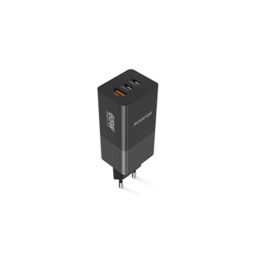 Aligator CHPD0027 - Snabbladdningsadapter GaN Power Delivery 65W 2xUSB-C + USB-A svart