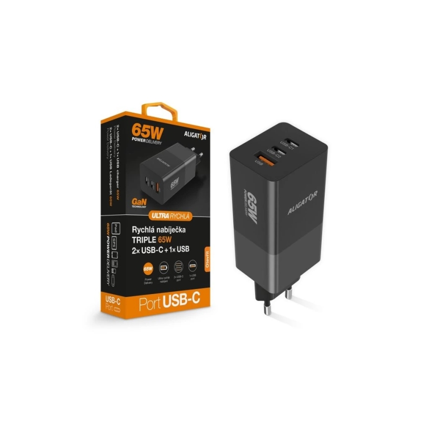 Aligator CHPD0027 - Snabbladdningsadapter GaN Power Delivery 65W 2xUSB-C + USB-A svart