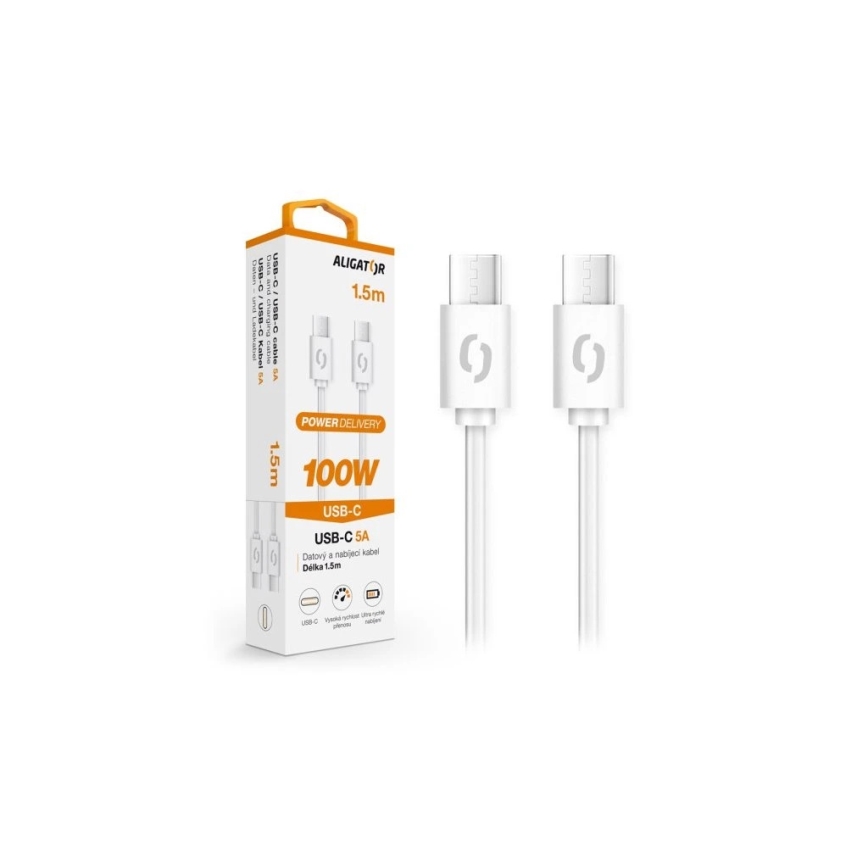 Aligator DATKP47 - USB-kabel USB-C till USB-C, 100 W Power Delivery, 1,5 m, vit