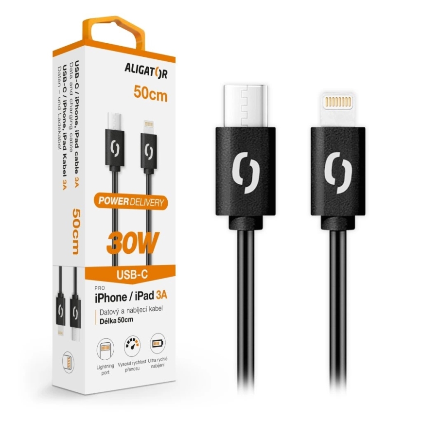 Aligator DATKP56 - USB-kabel USB-C / Lightning 30W Power Delivery 0,5 m svart