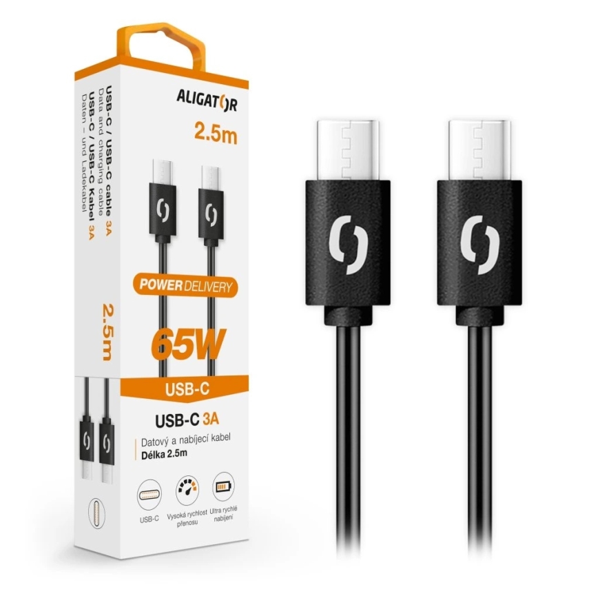 Aligator DATKP58 - USB-kabel USB-C till USB-C, 65 W Power Delivery, 2,5 m, svart