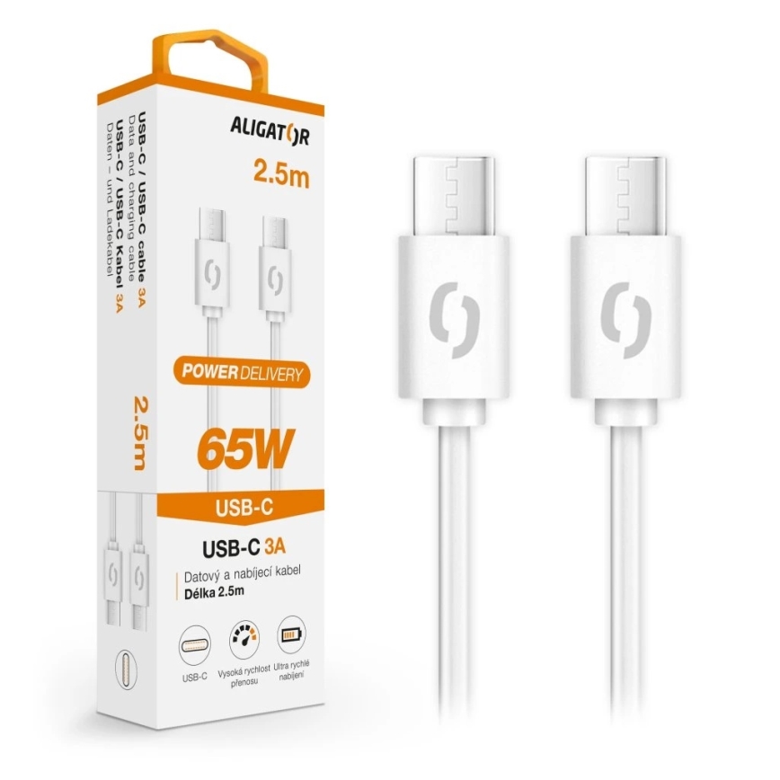 Aligator DATKP59 - USB-kabel USB-C till USB-C, 65 W Power Delivery, 2,5 m, vit