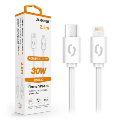 Aligator DATKP61 – snabbladdande USB-kabel USB-C/Lightning, 30 W Power Delivery, 2,5 m, vit