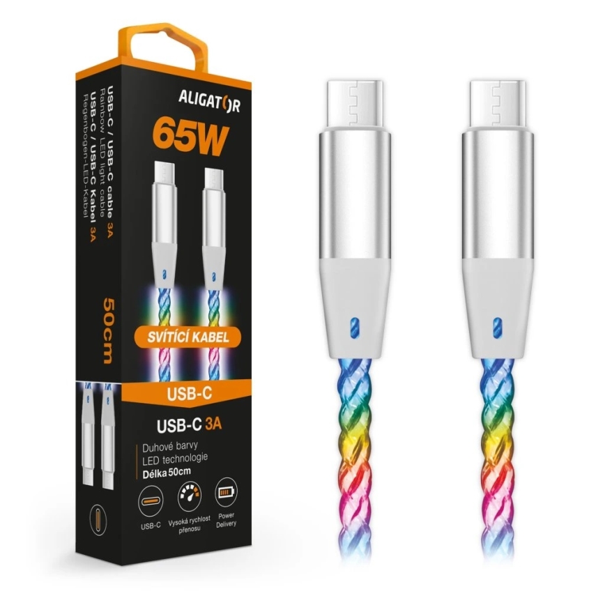 Aligator DATKP64 - USB-C till USB-C-kabel med LED-belysning, 65 W Power Delivery, 0,5 m