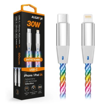 Aligator DATKP65 - USB-kabel USB-C / Lightning med LED-belysning 30 W Power Delivery 0,5 m