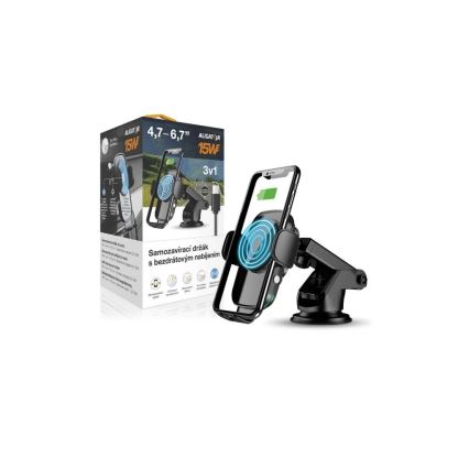 Aligator HAK2 - Automatisk självlåsande bilhållare för mobiltelefon med trådlös Qi-laddning 15 W, svart