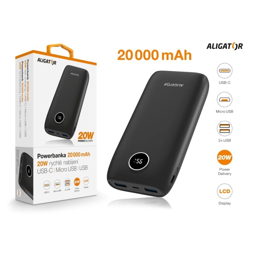 Aligator PBPD20BK - Powerbank med LCD-display Power Delivery 20000 mAh/20W/3,7V svart