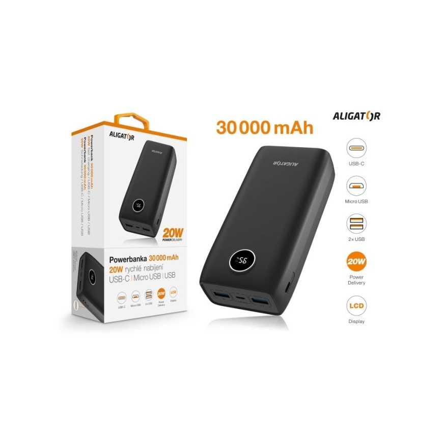 Aligator PBPD30BK - powerbank med LCD-display, Power Delivery, 30000 mAh / 20 W / 3,7 V, svart