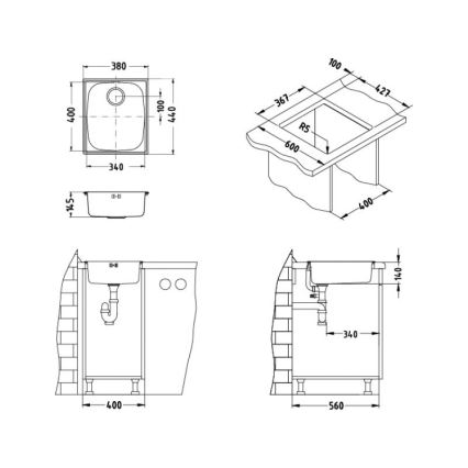ALVEUS 1082195 - Diskho BASIC 44x38 cm rostfritt stål/satin, stor bottenventil