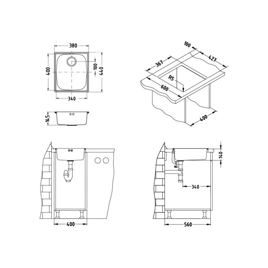 ALVEUS 1082195 - Diskho BASIC 44x38 cm rostfritt stål/satin, stor bottenventil